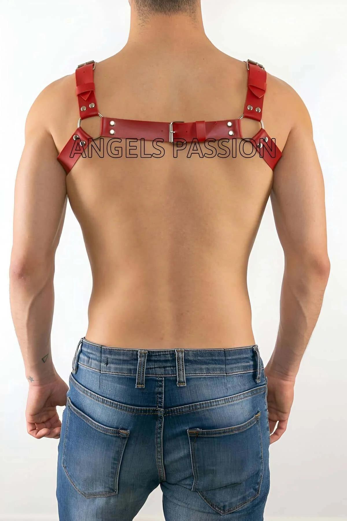 Close-up of red PU leather chest band with 10 silver rivet studs and dual O-rings
