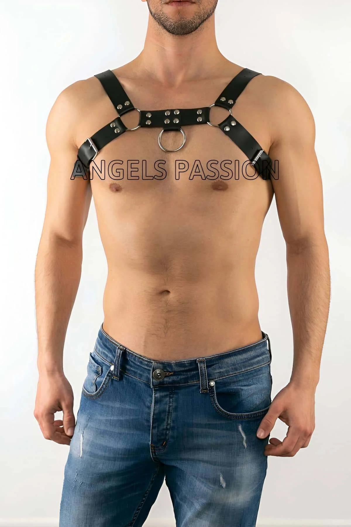 black PU chest harness adjustable buckle straps on male torso front view