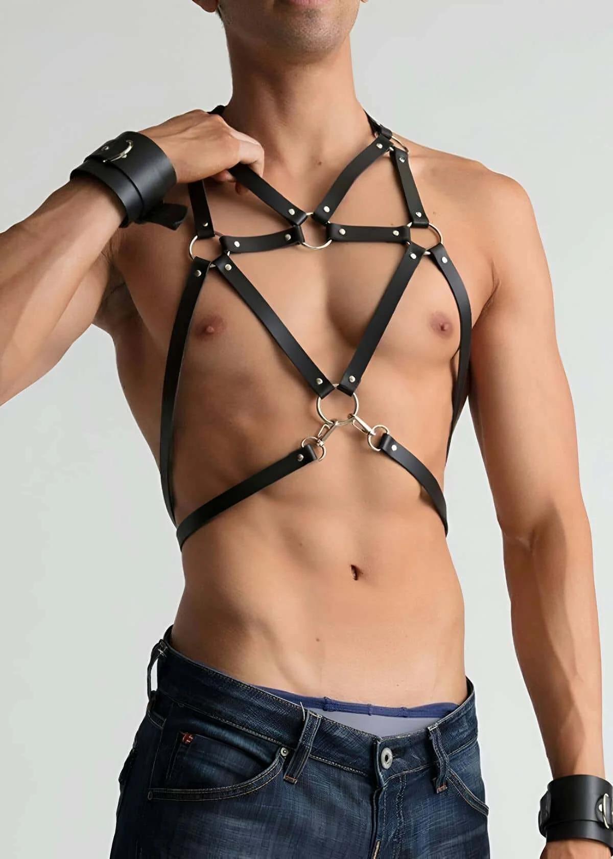 back view of intersecting strap chest harness with shoulder buckles and black PU leather straps