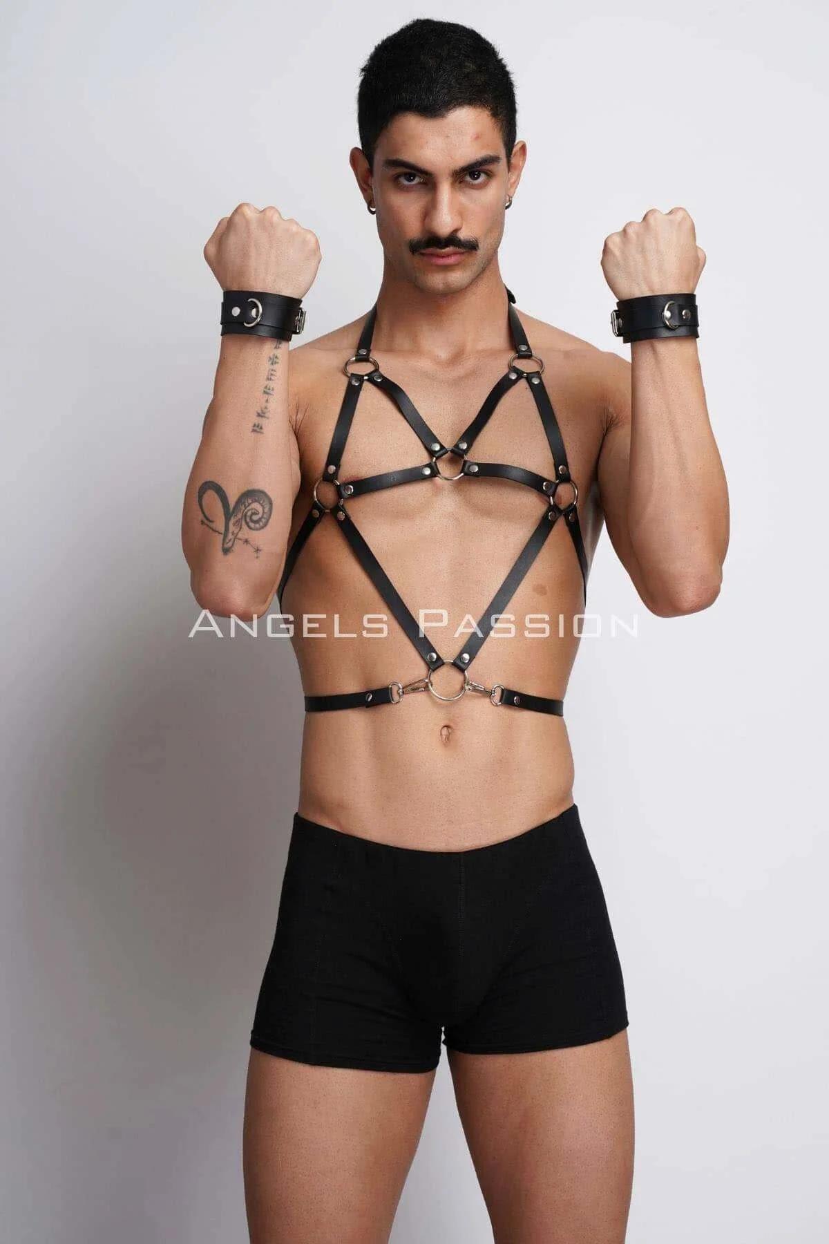 black PU leather body harness geometric strap pattern on bare torso front view