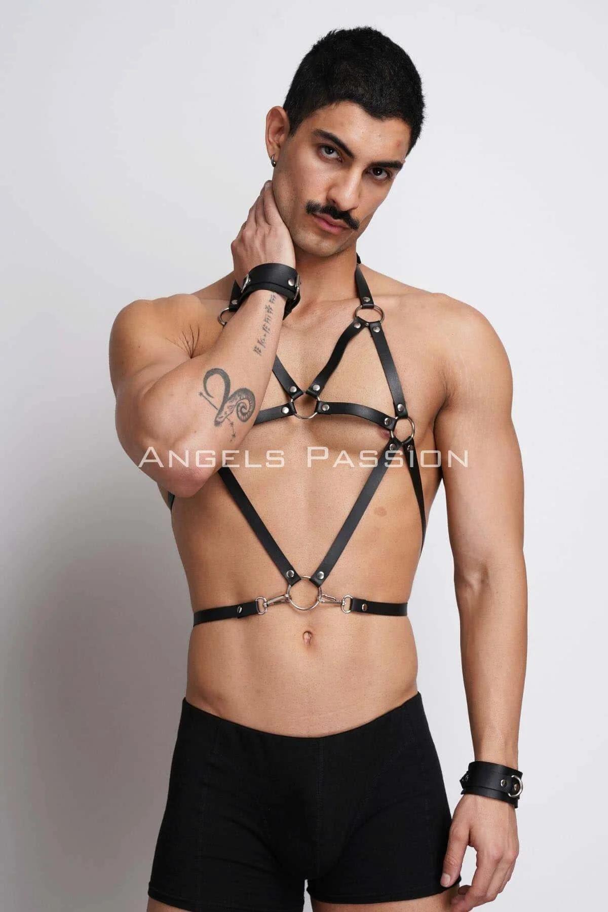 adjustable wrist cuffs with O-ring detail from black faux leather harness set