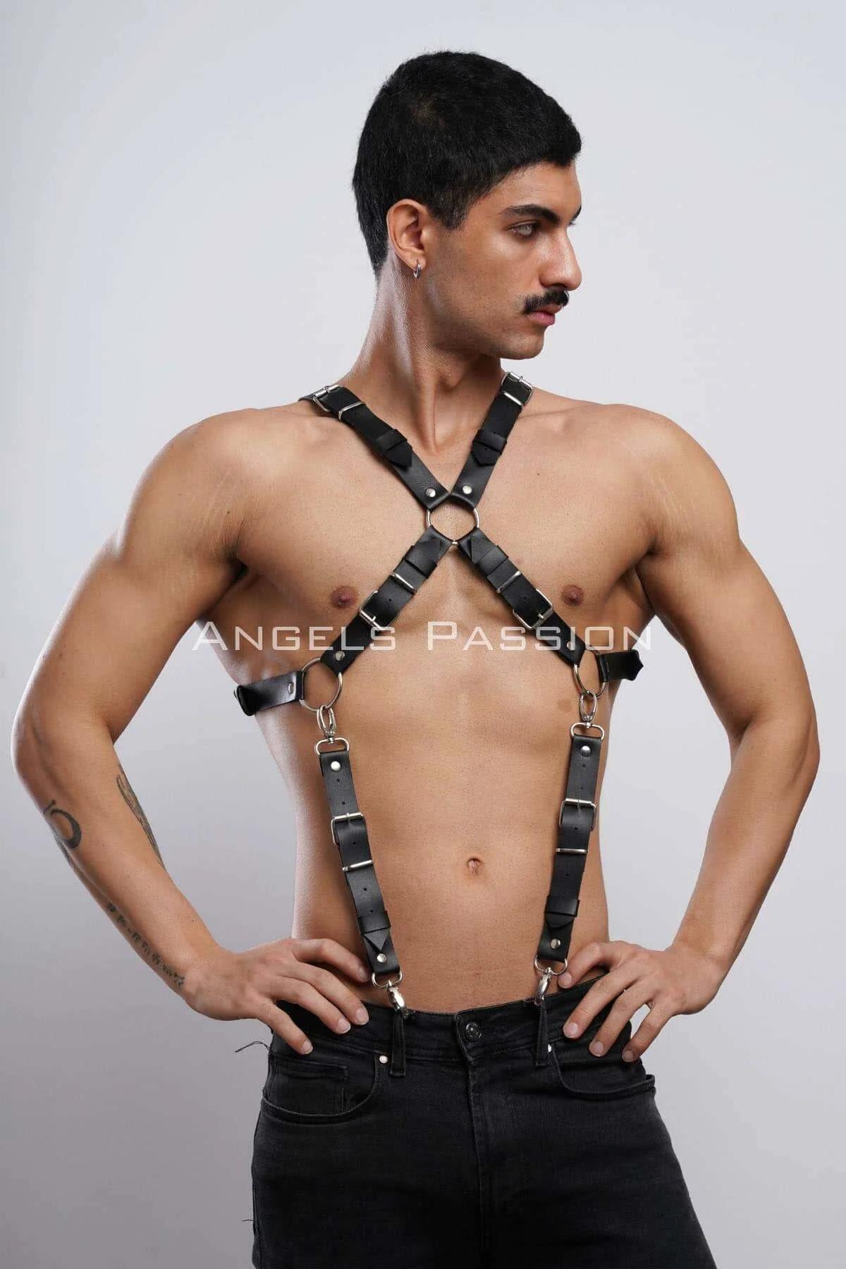 rear view of black faux leather x-back harness showing crossing strap configuration on back