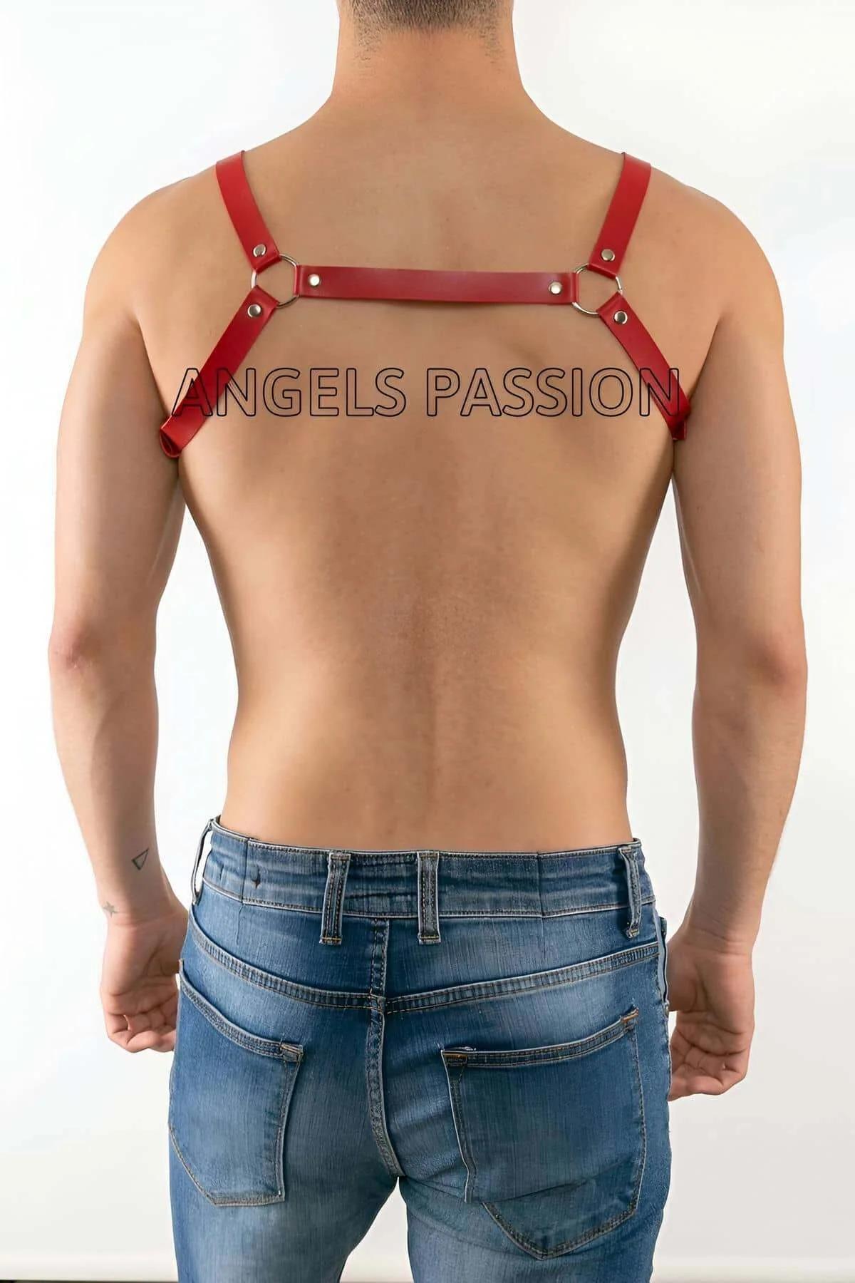 Red faux leather men's chest harness back view showing adjustable buckle shoulder straps