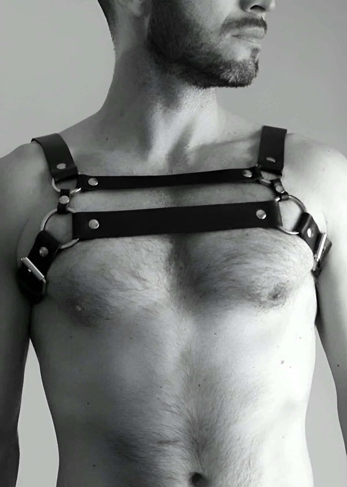 mens black parallel chest harness worn with blue denim jeans street style outfit
