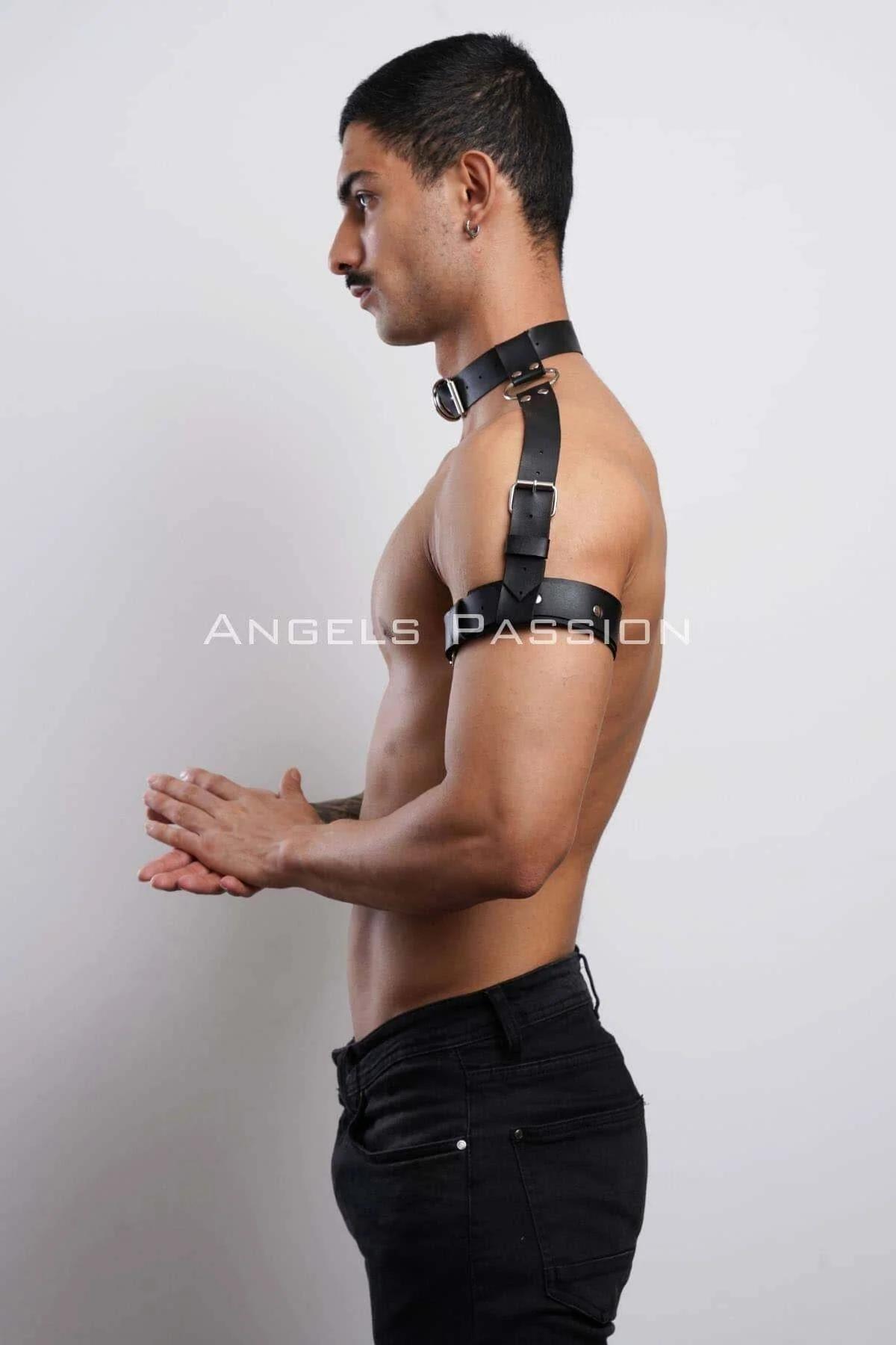 Back view of black faux leather choker showing rear pin buckle closure and adjustable strap