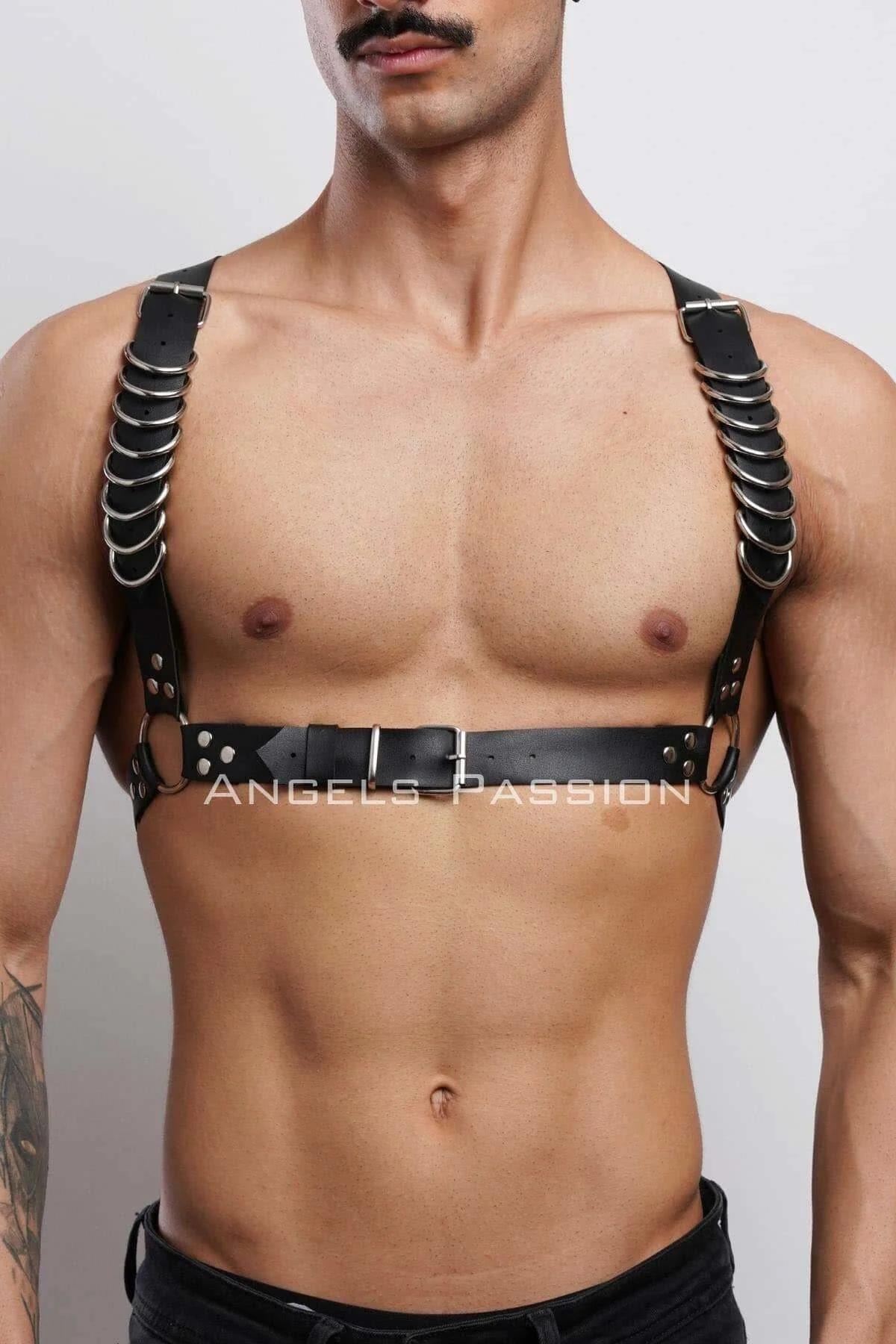 Black mens harness silver buckle and front O-ring detail at waist band