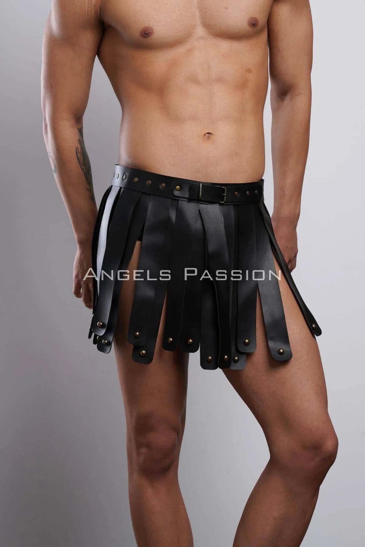 Side view of adjustable gladiator kilt showing open-panel construction and panel swing on male model