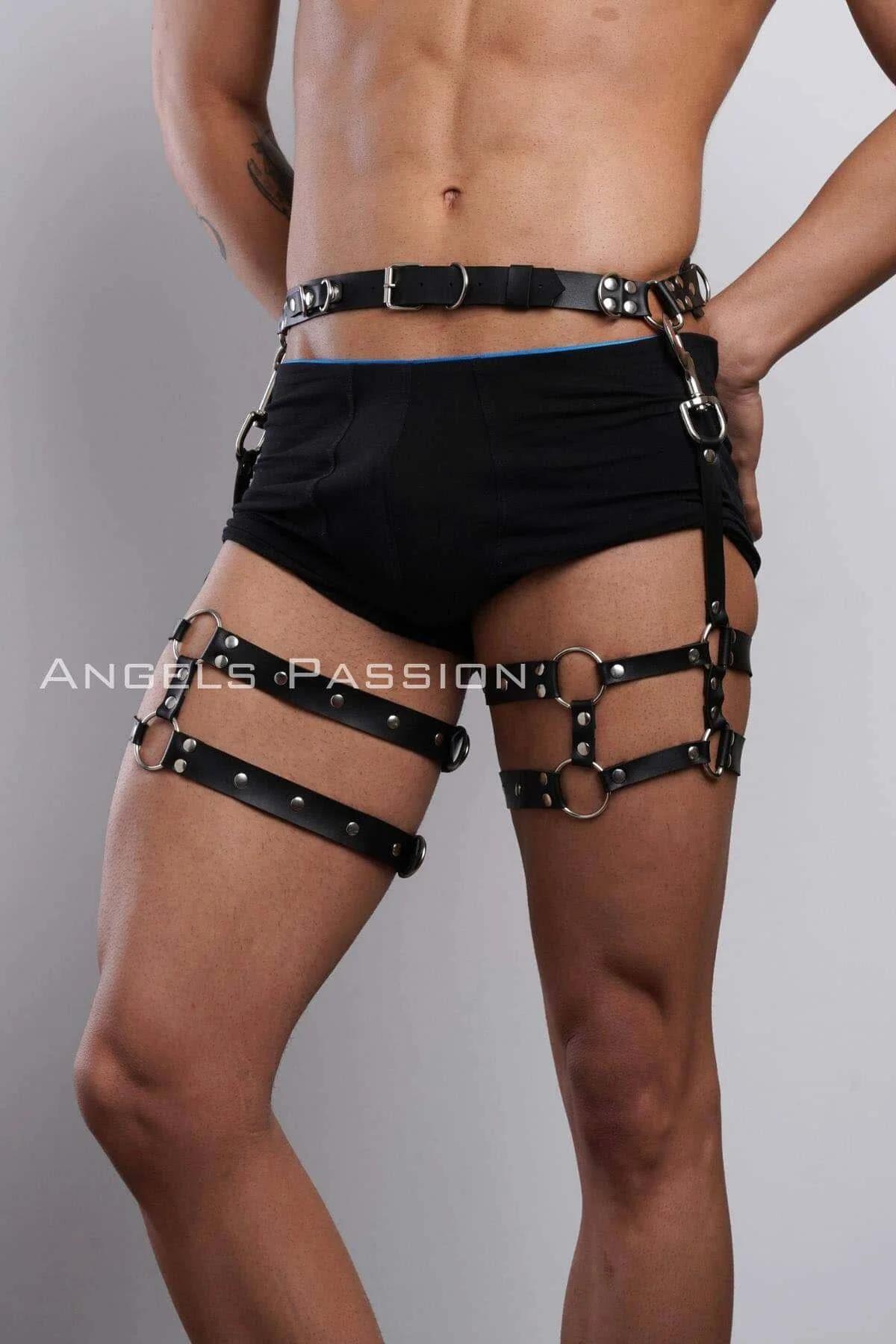 Waist belt rectangular buckle detail on black faux leather thigh harness