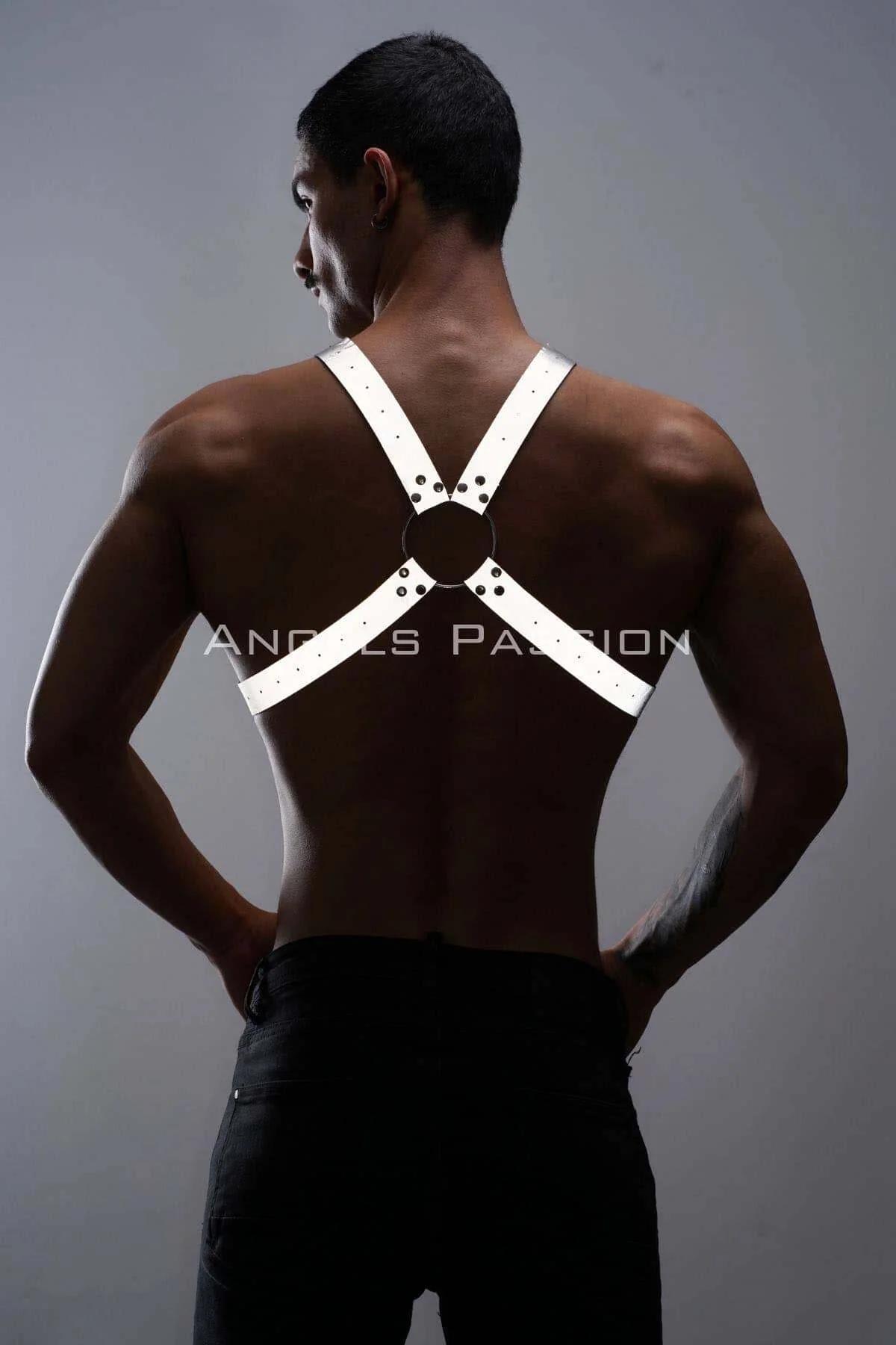 White reflective X-cross chest harness adjustable buckle straps side view