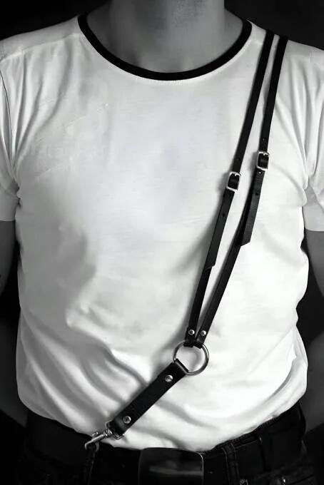 Adjustable Black Faux Leather Chest Harness with O-Ring