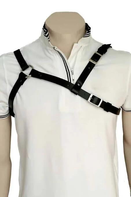 black PU leather single-shoulder chest harness with three silver pin buckles front view