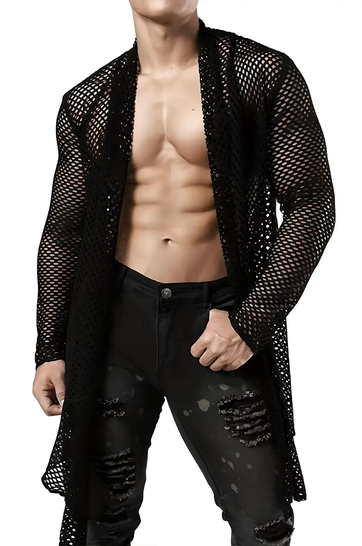 erkek clubwear siyah file kimono açık ön arka panel görünümü