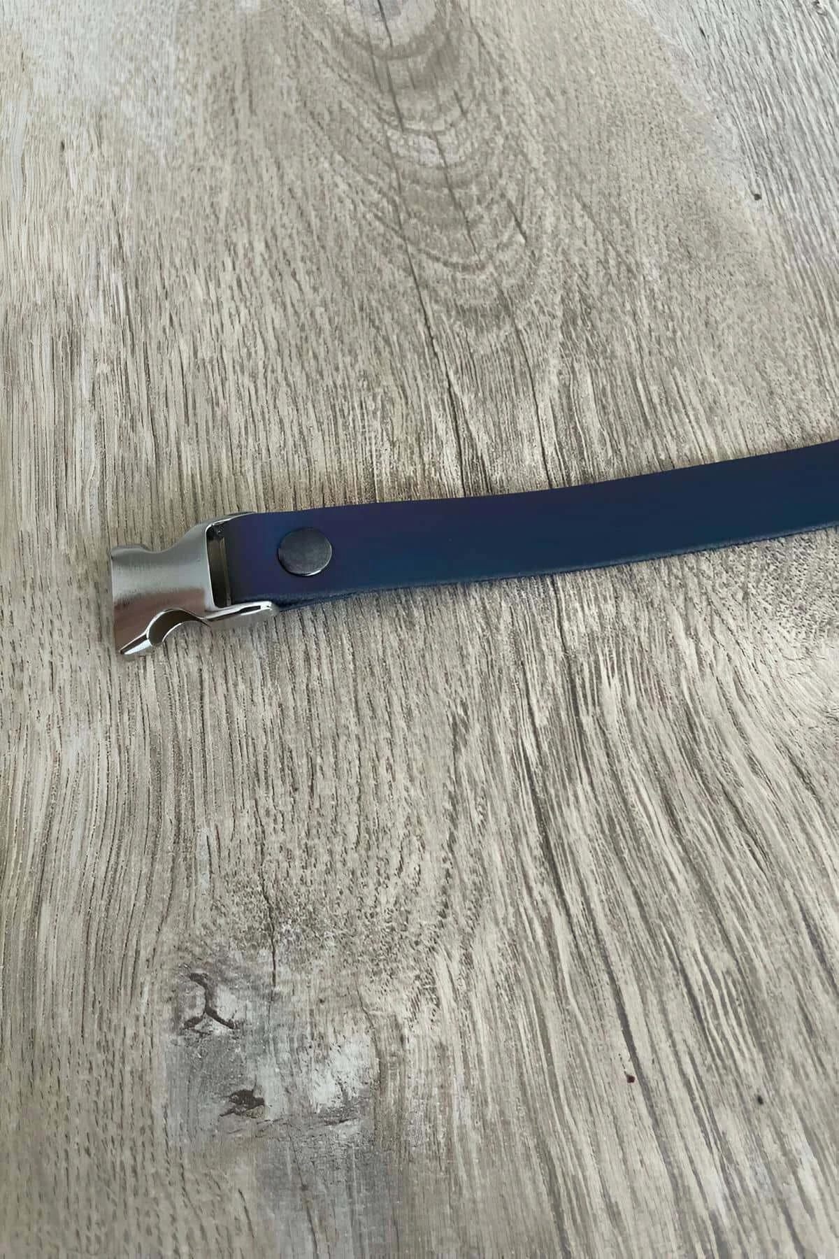 Blue cat collar with reflective strip and square adjustment slider detail
