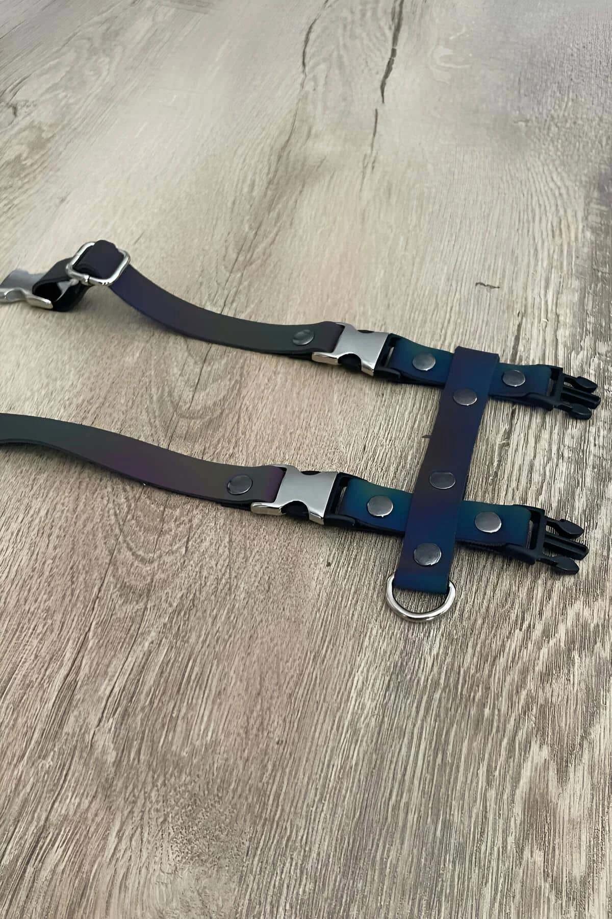 Iridescent multicolor reflective webbing strap close-up with purple green and orange color shift