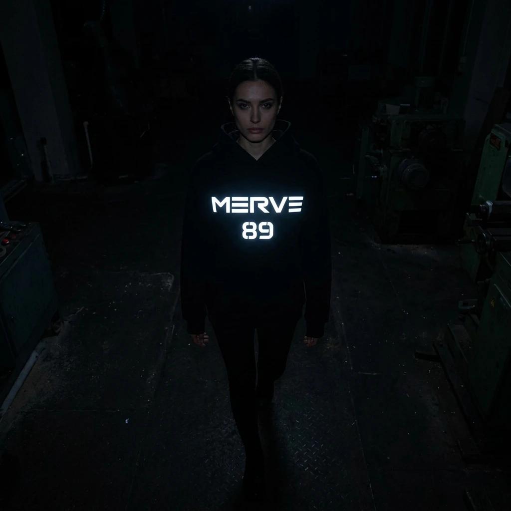 Black oversized hoodie with glowing reflective MERVE 89 chest print worn by woman in dark industrial setting