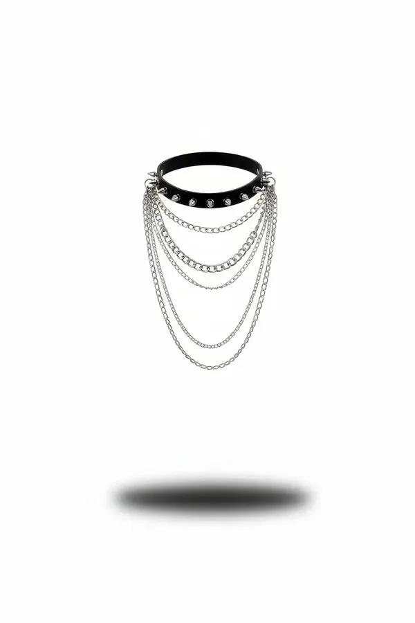 siyah vegan deri zımbalı choker gerdanlık gümüş 5 katmanlı sarkık halka zincir detayı