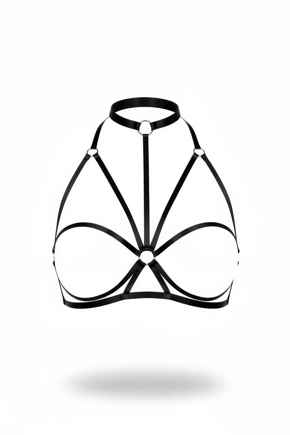 Siyah elastik göğüs harness boyun halkası ve gümüş O-ring bağlantılı geometrik bant yapısı