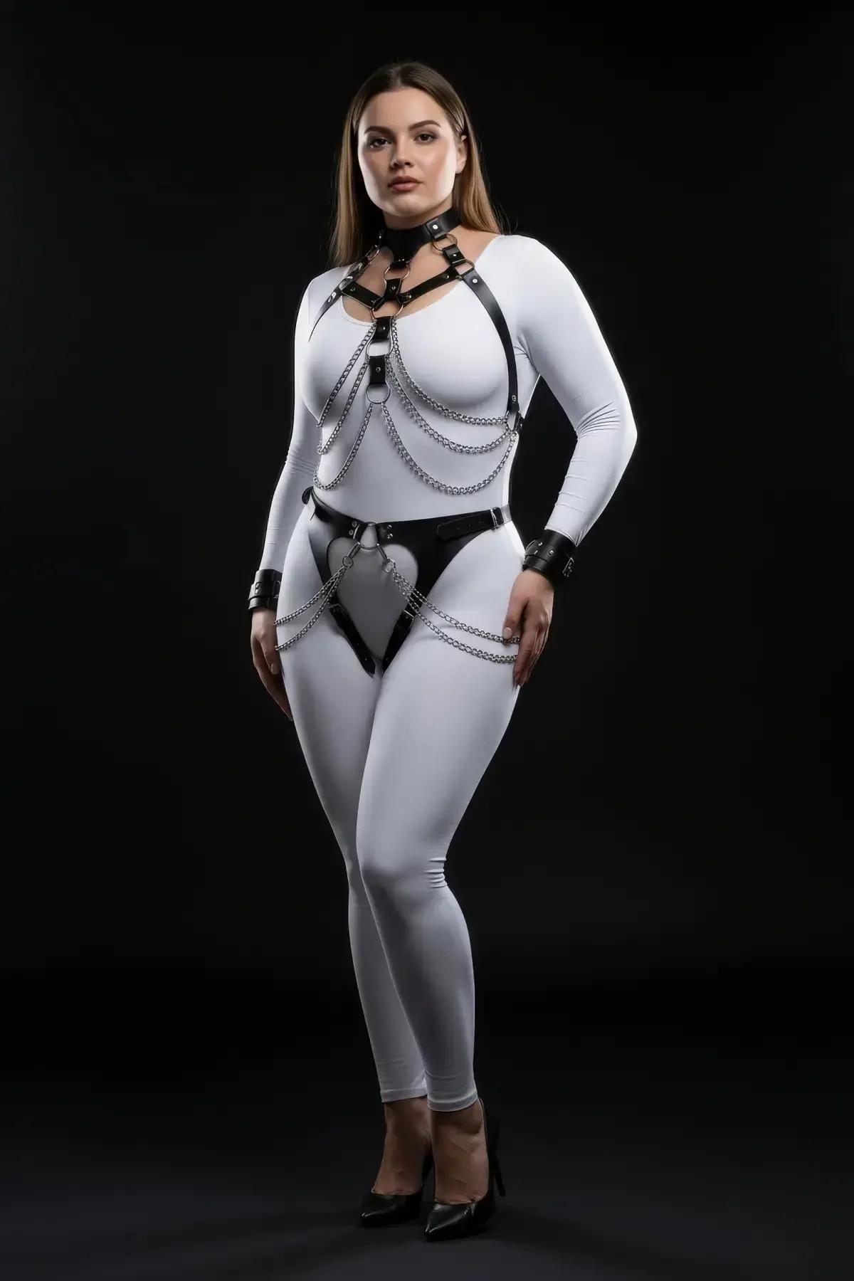 büyük beden siyah vegan deri harness takım gümüş çift sıra zincir detaylı boyunluk göğüs bandı kalça kemeri bileklik set