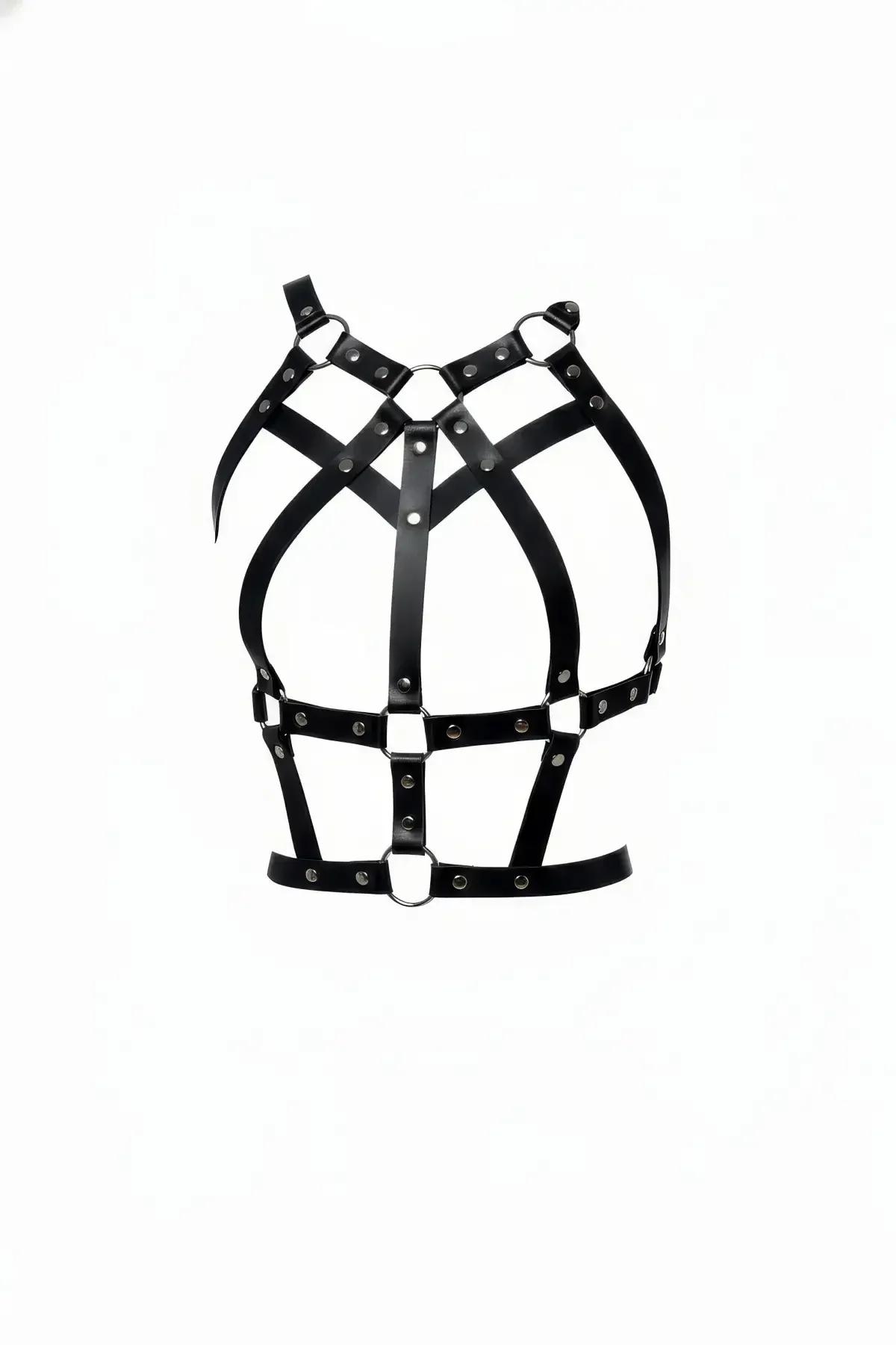 siyah vegan deri kafes vücut harness çoklu bant gümüş O-ring ve metal perçin detayı