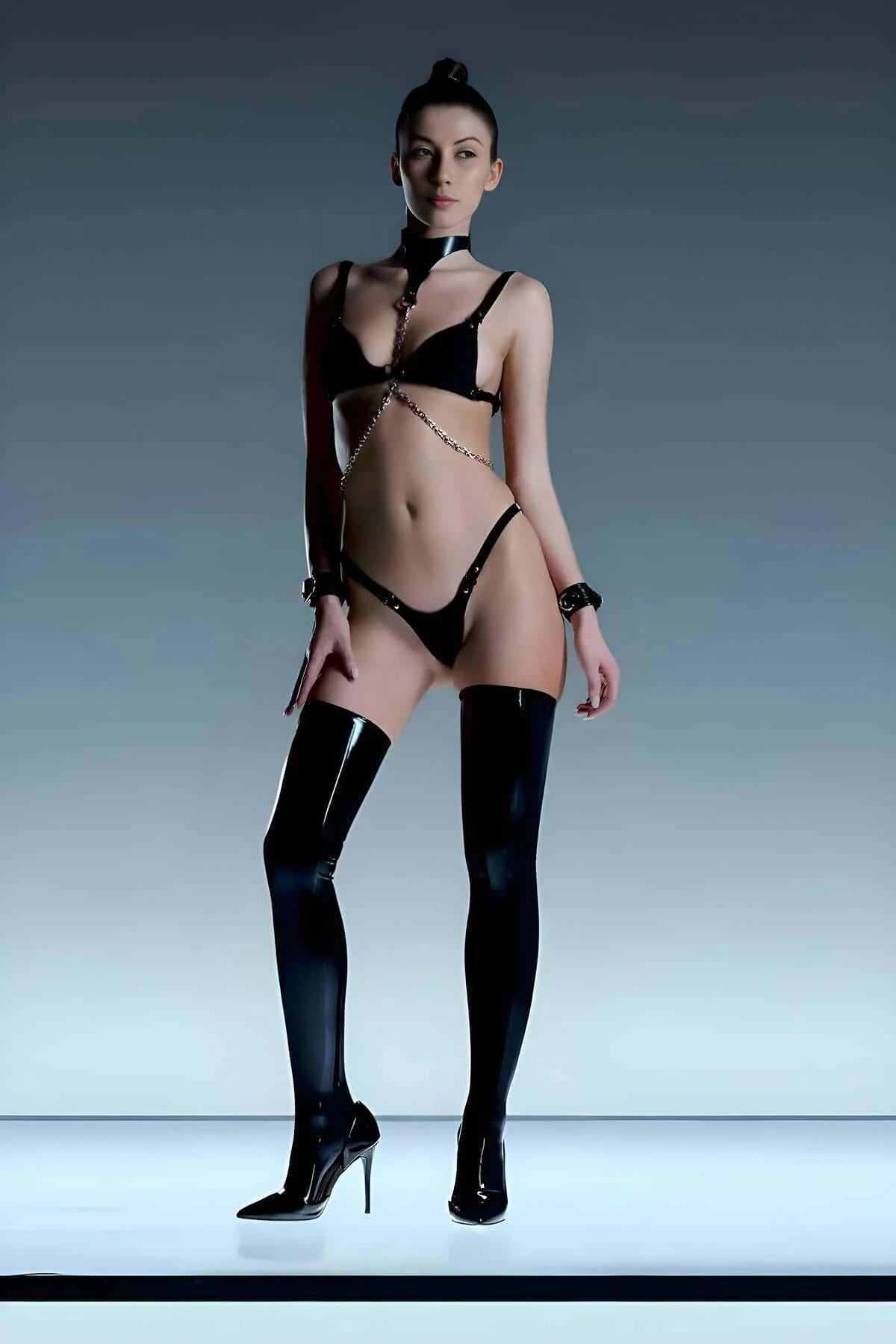black faux leather chain harness bra and thong set with gold-tone chains and fitted choker collar