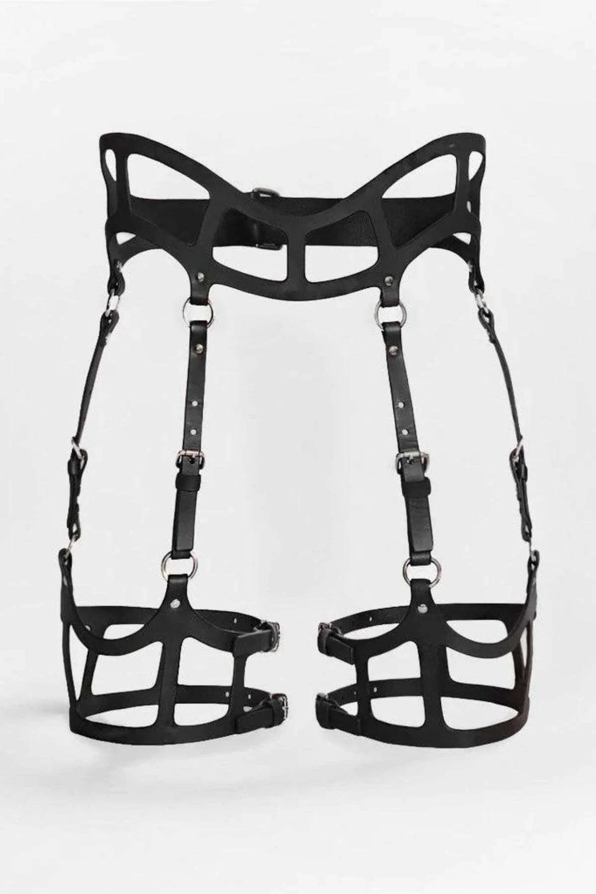 black faux leather cage garter harness with structured waistband cutout panel and silver-tone O-ring leg straps