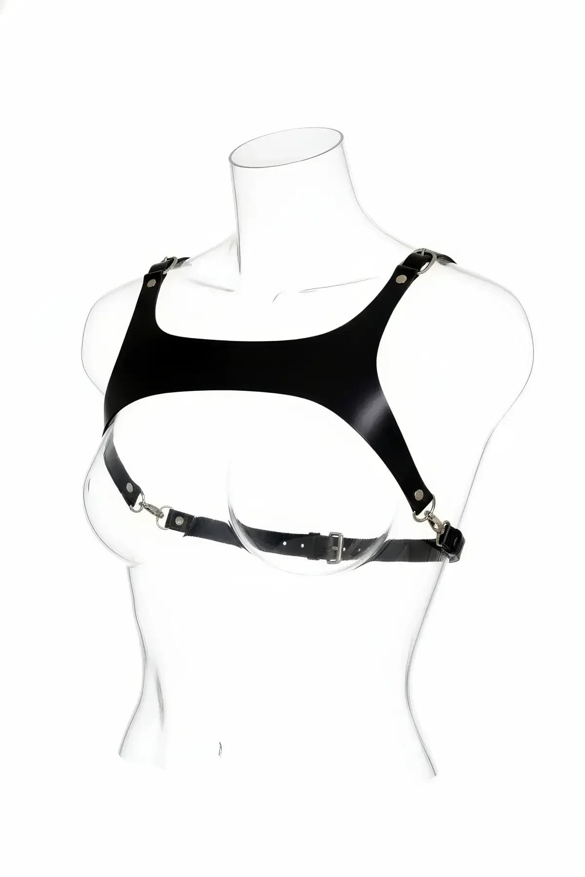 siyah suni deri vücut harness geniş göğüs paneli gümüş metal toka ve ayarlanabilir bel bandı