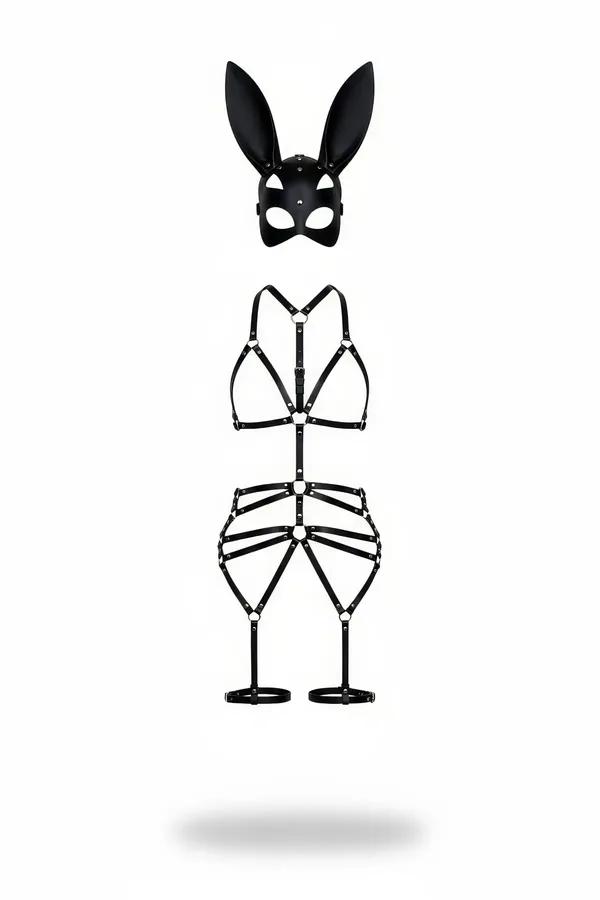siyah vegan deri tam vücut harness takım tavşan maskeli gümüş metal toka ve uyluk bantlı set