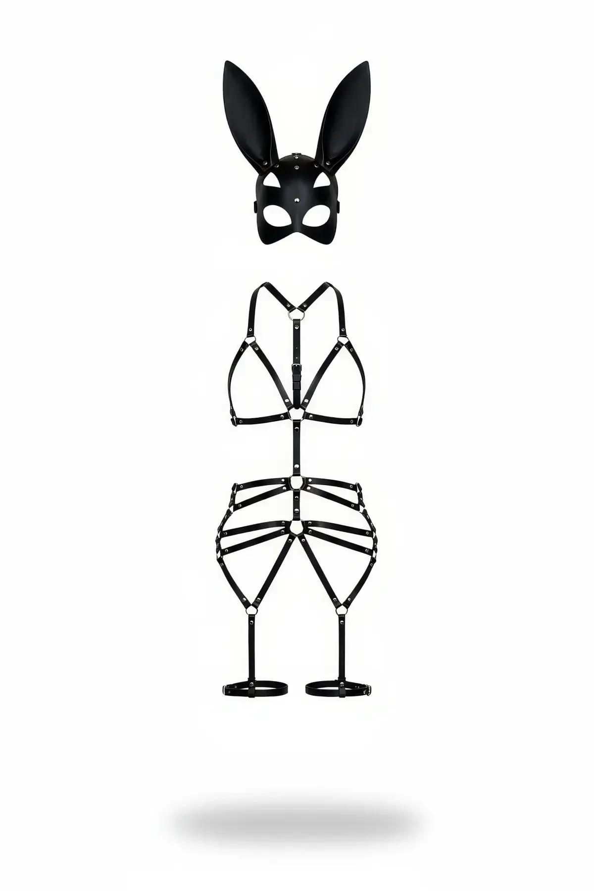 siyah vegan deri tam vücut harness takım tavşan maskeli gümüş metal toka ve uyluk bantlı set