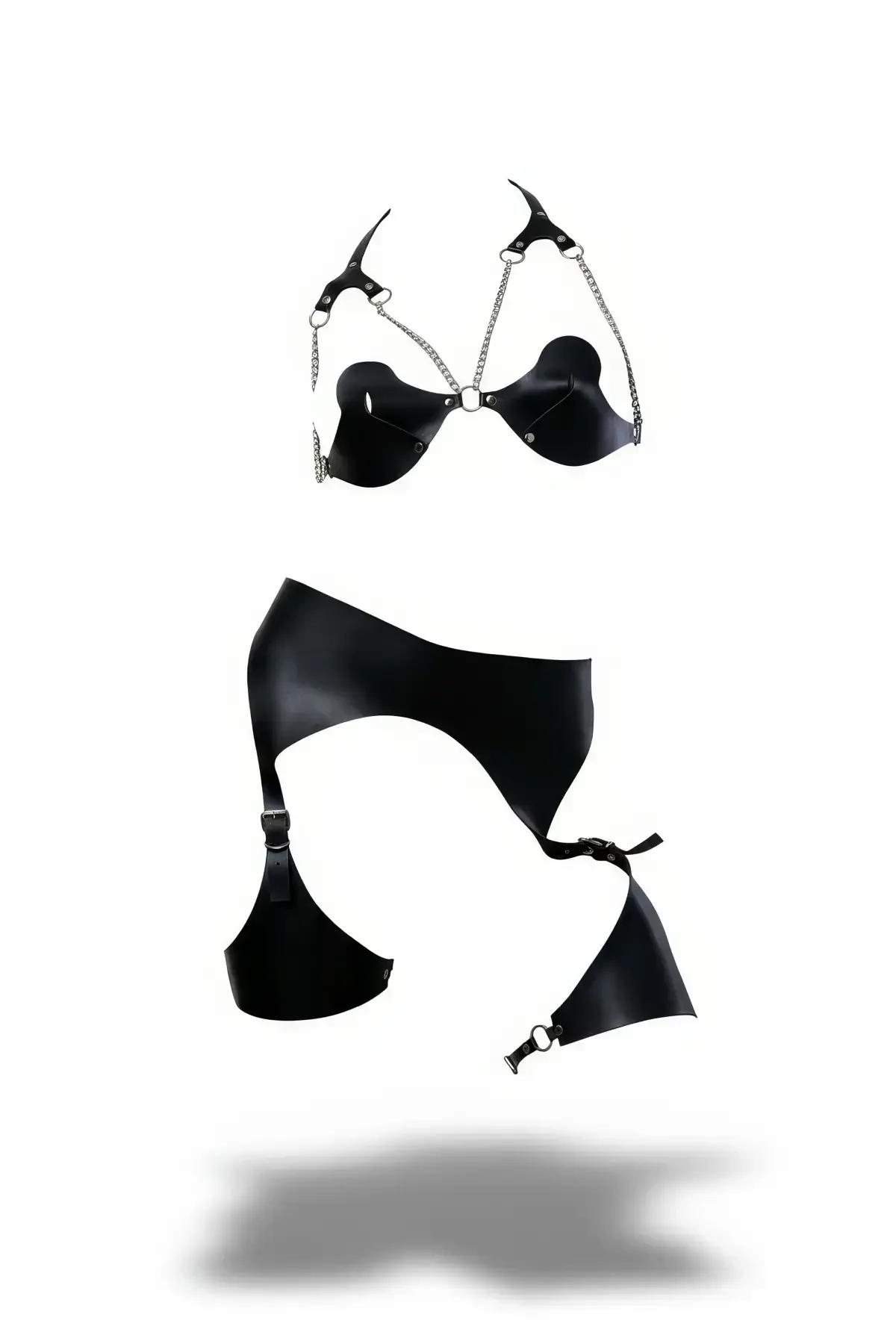siyah suni deri harness bralet set gümüş zincir ve O-halka detaylı jartiyer bantlı iki parça takım