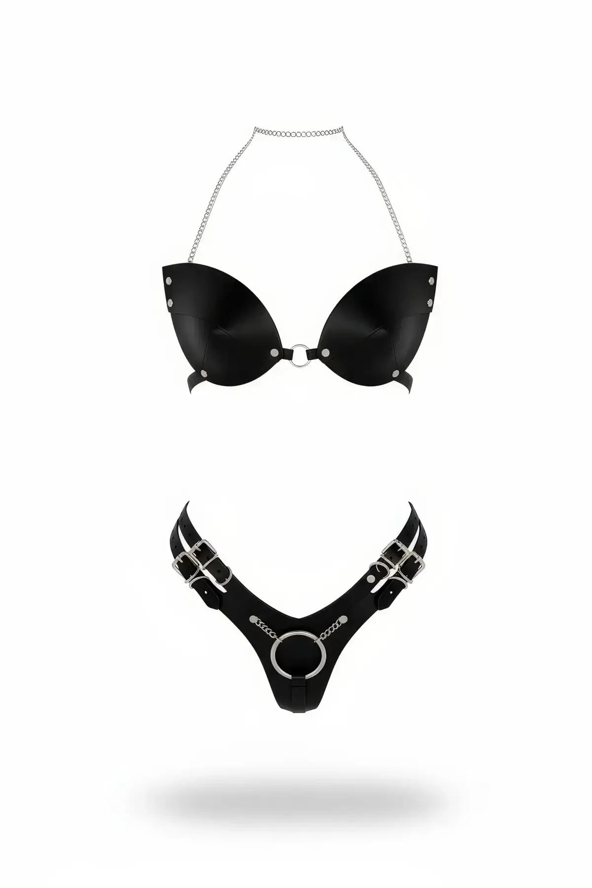 siyah suni deri zincir askılı harness takım gümüş O-ring ve çift tokalı iki parçalı set