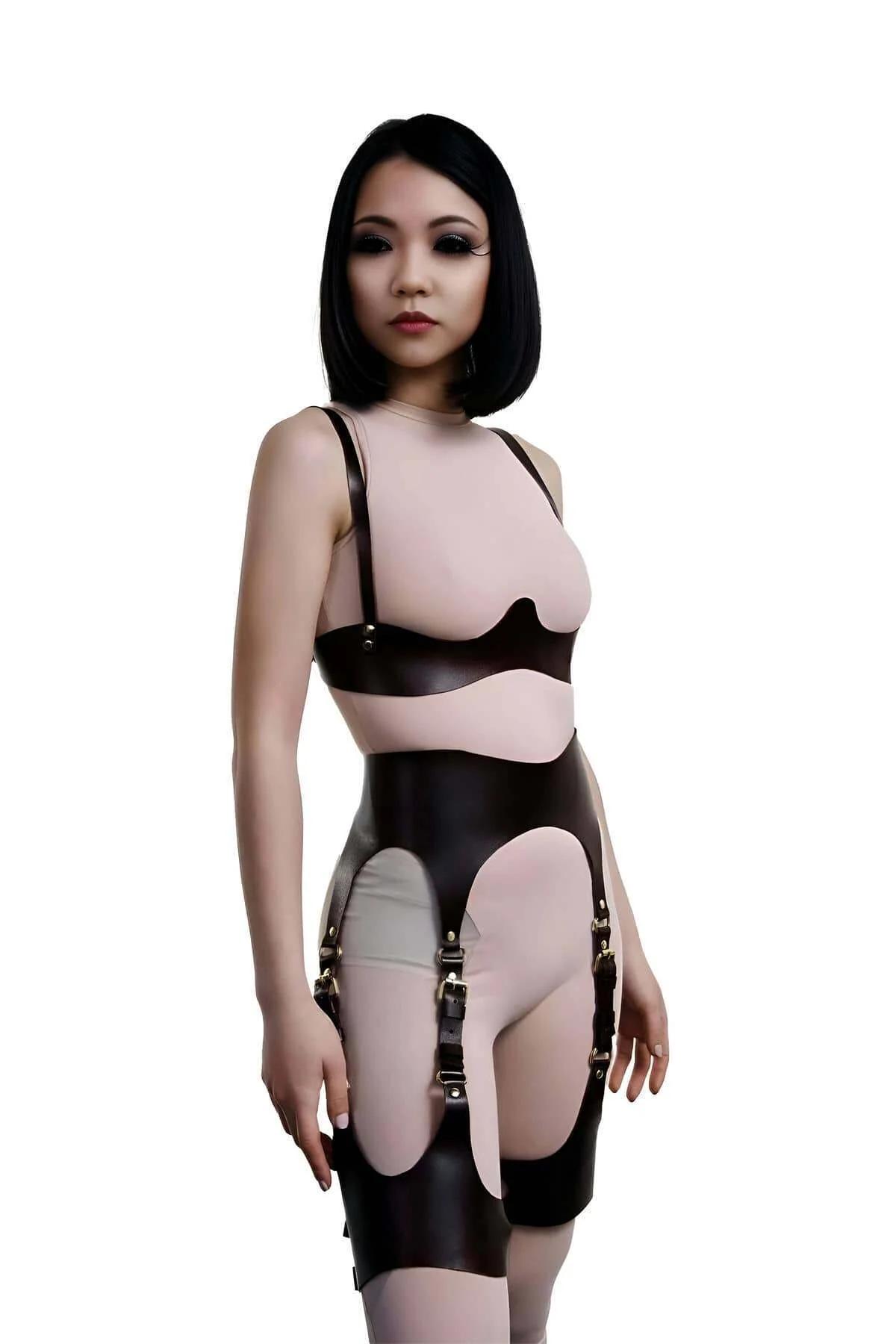 Dark brown faux leather harness garter set with gold-tone buckles and oval cutout panels worn as full two-piece coordinated l
