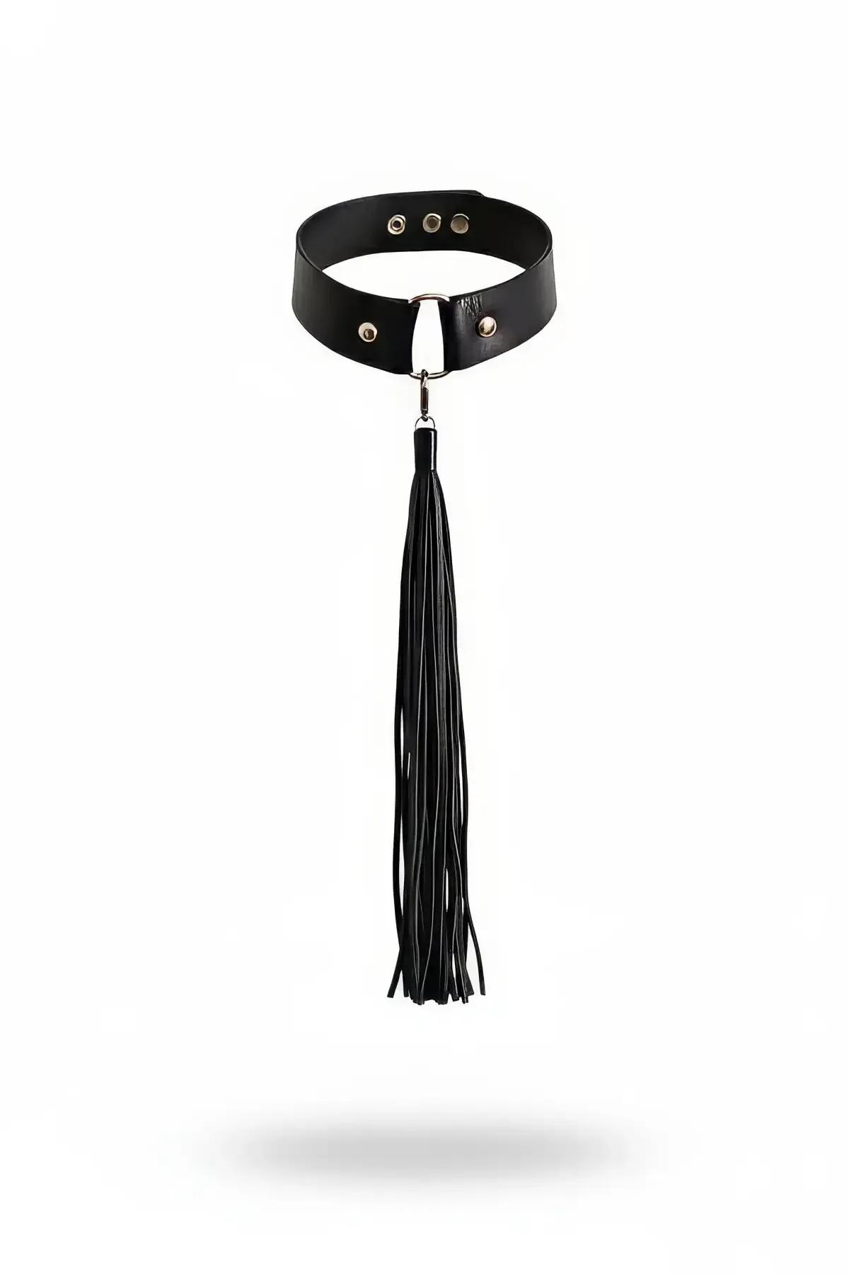 Siyah vegan deri choker geniş bant gümüş D-halka ve 22 cm siyah püsküllü gerdanlık