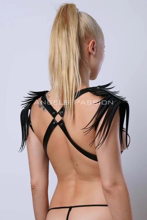 Black faux leather shoulder harness with fringe epaulettes cross-back strap view