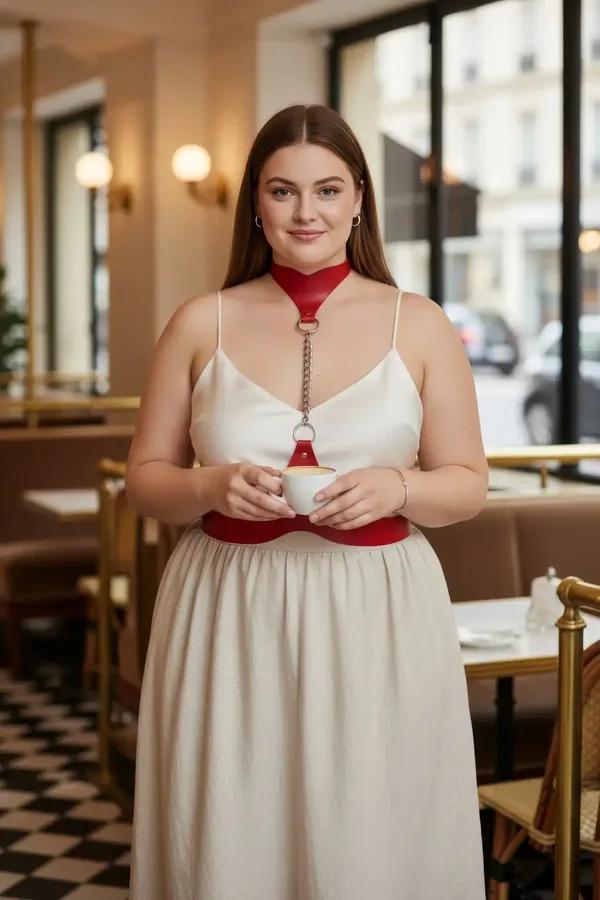 büyük beden kırmızı vegan deri vücut aksesuarı choker ve gümüş zincirli bel kemeri kadın