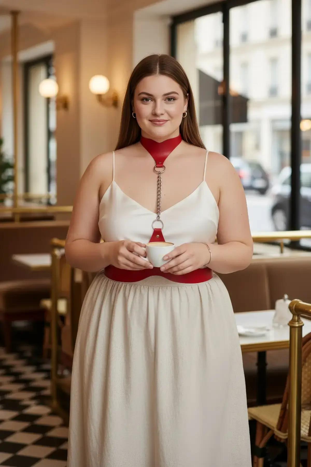 büyük beden kırmızı vegan deri vücut aksesuarı choker ve gümüş zincirli bel kemeri kadın