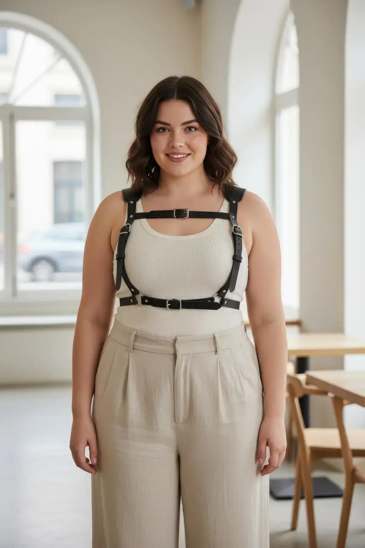 büyük beden siyah vegan deri korse harness gümüş tokalı göğüs ve bel bantlı vücut aksesuarı