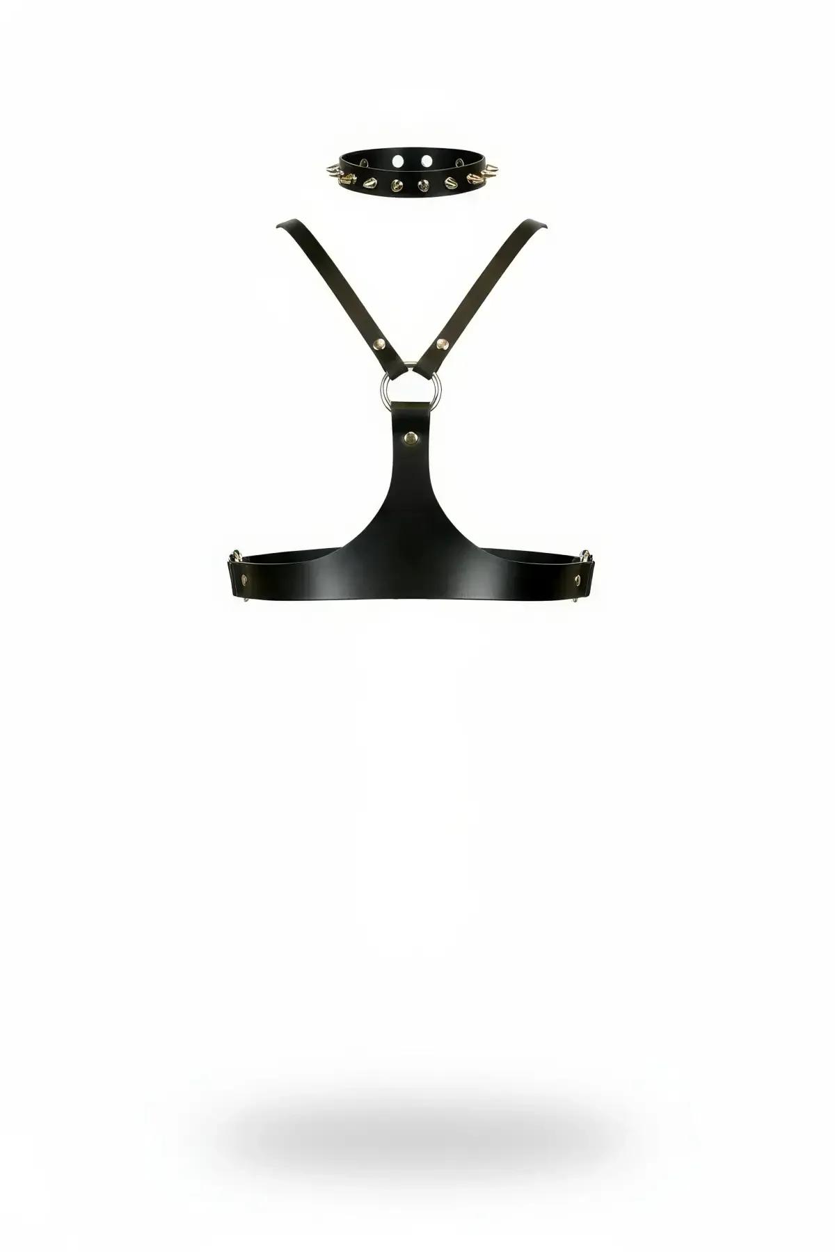 siyah PU deri zımbalı choker ve O-halkalı göğüs harness vücut aksesuarı seti, gümüş metal aksamlı