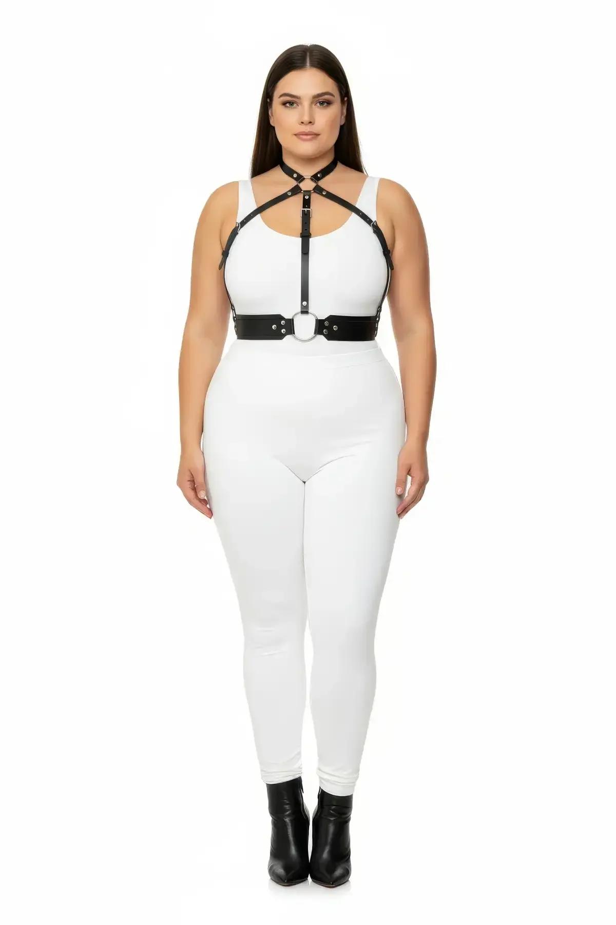 büyük beden siyah vegan deri harness takım choker ve O-ring bel bandı gümüş metal toka detayı