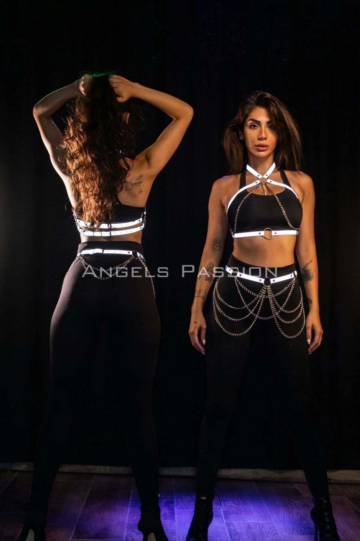 Black reflective halter harness with silver chain hip drape and white retroreflective strips front and back view