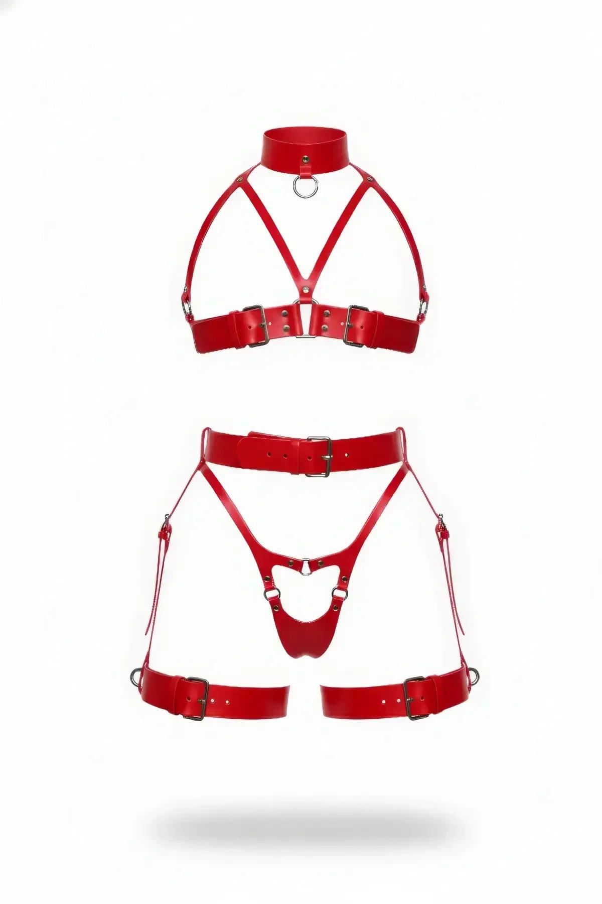 kırmızı faux leather full body harness takım yüksek yaka gerdanlık O-halka ve bacak tasmaları ile