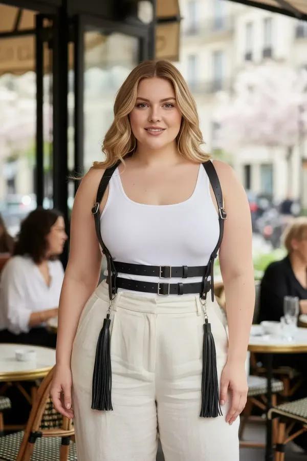 büyük beden siyah vegan deri korse harness çift tokalı bel kemeri ve sallanan püskül detaylı vücut aksesuarı