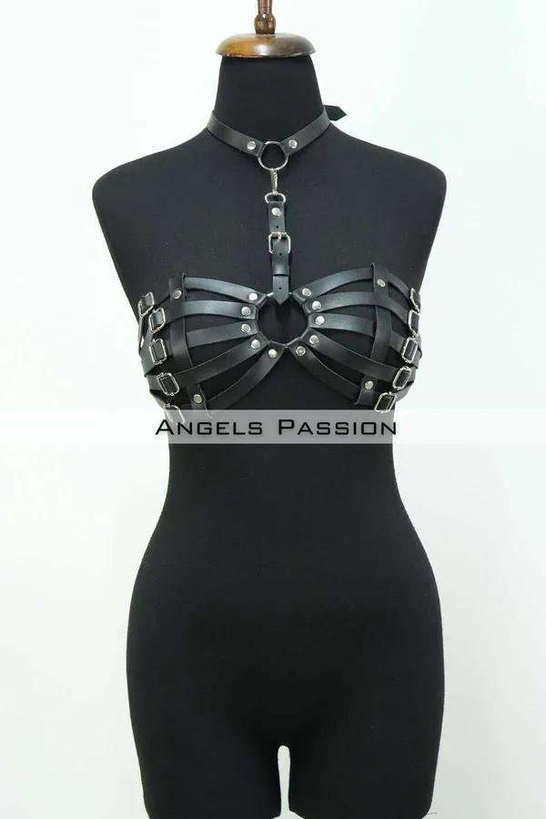 Caged Chest Harness Bra with Choker & O-Ring Details