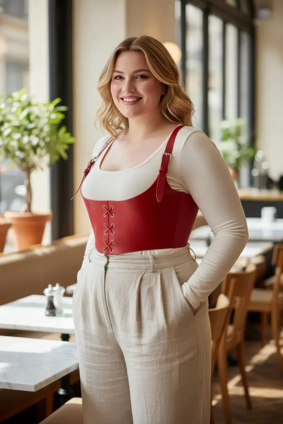 büyük beden kırmızı vegan deri korse harness önden bağcıklı gümüş tokalı omuz askılı