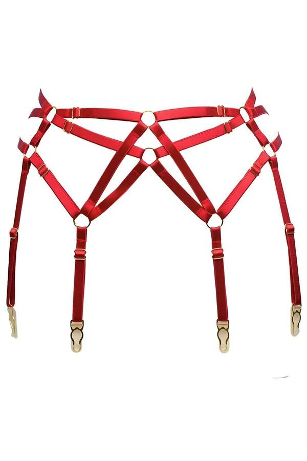 Red elastic strappy garter harness with geometric criss-cross strap design and four gold-tone stocking clips