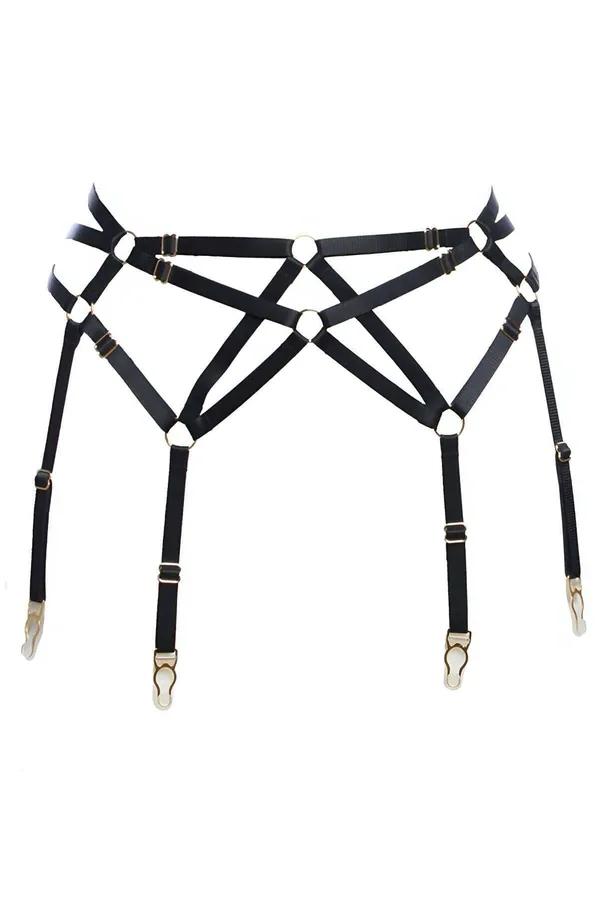Black strappy garter harness with gold O-ring accents and four metal stocking clips in geometric cross-strap pattern
