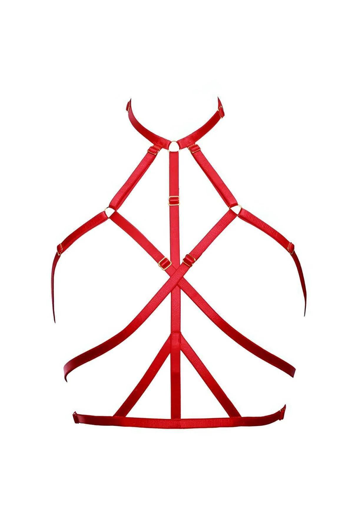 Red strappy halter body harness with gold-tone O-ring center and six adjustable elastic straps on white background