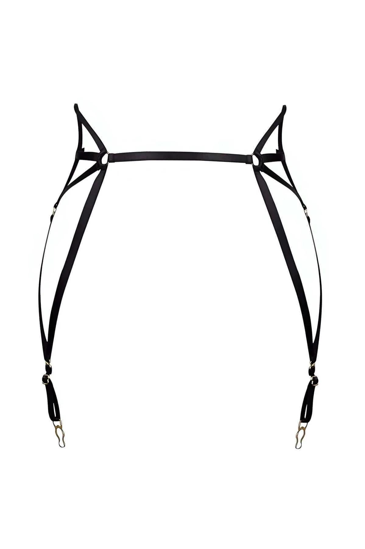 Black elastic cat ear garter harness with gold O-rings and four suspender clips, adjustable thigh straps