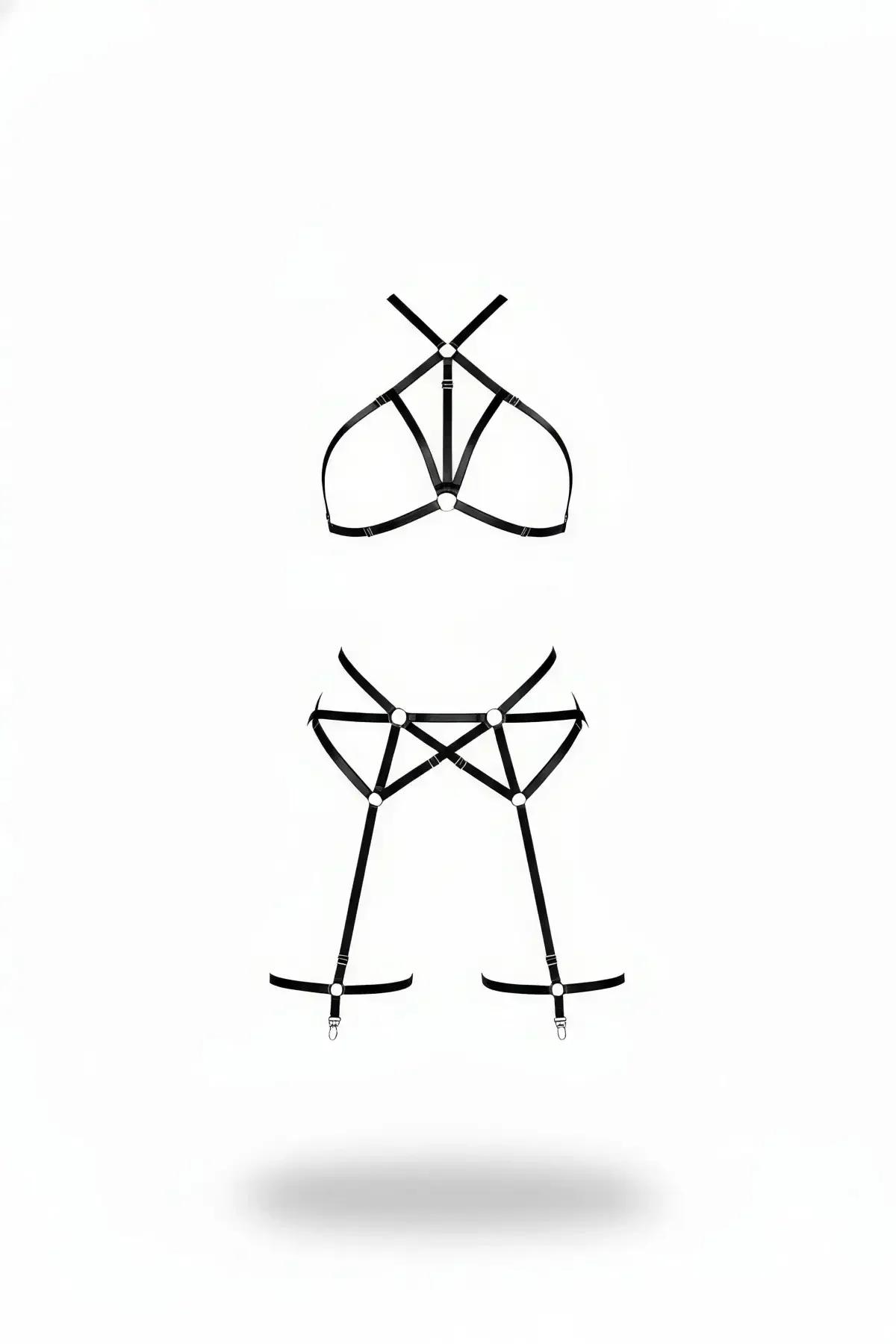 Siyah vegan deri harness takım boyundan bağlamalı üst harness ve bacak askılı alt harness gümüş halka detay