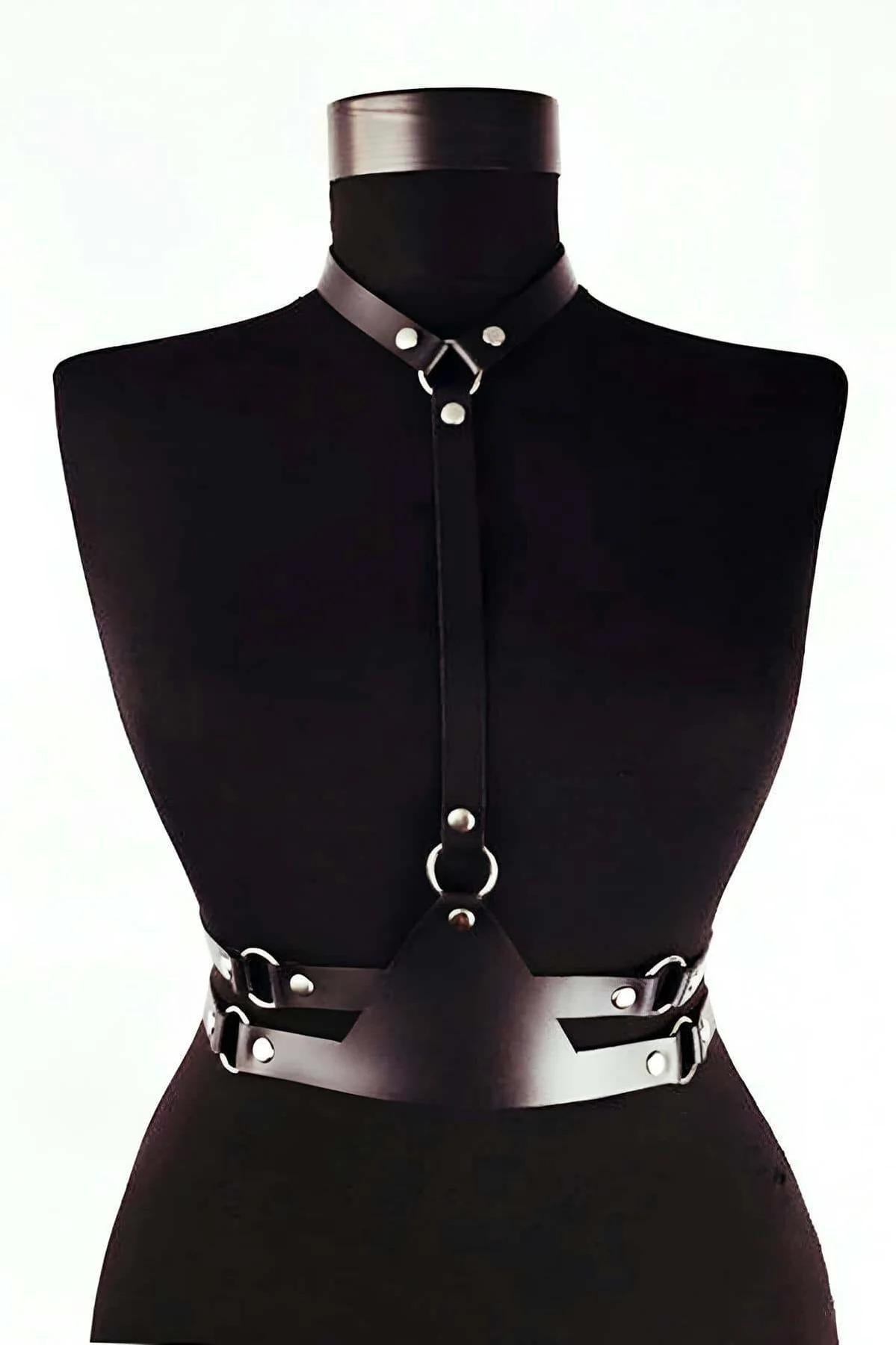 Black faux leather chest harness with neck collar, silver O-ring, and double waist belt on mannequin