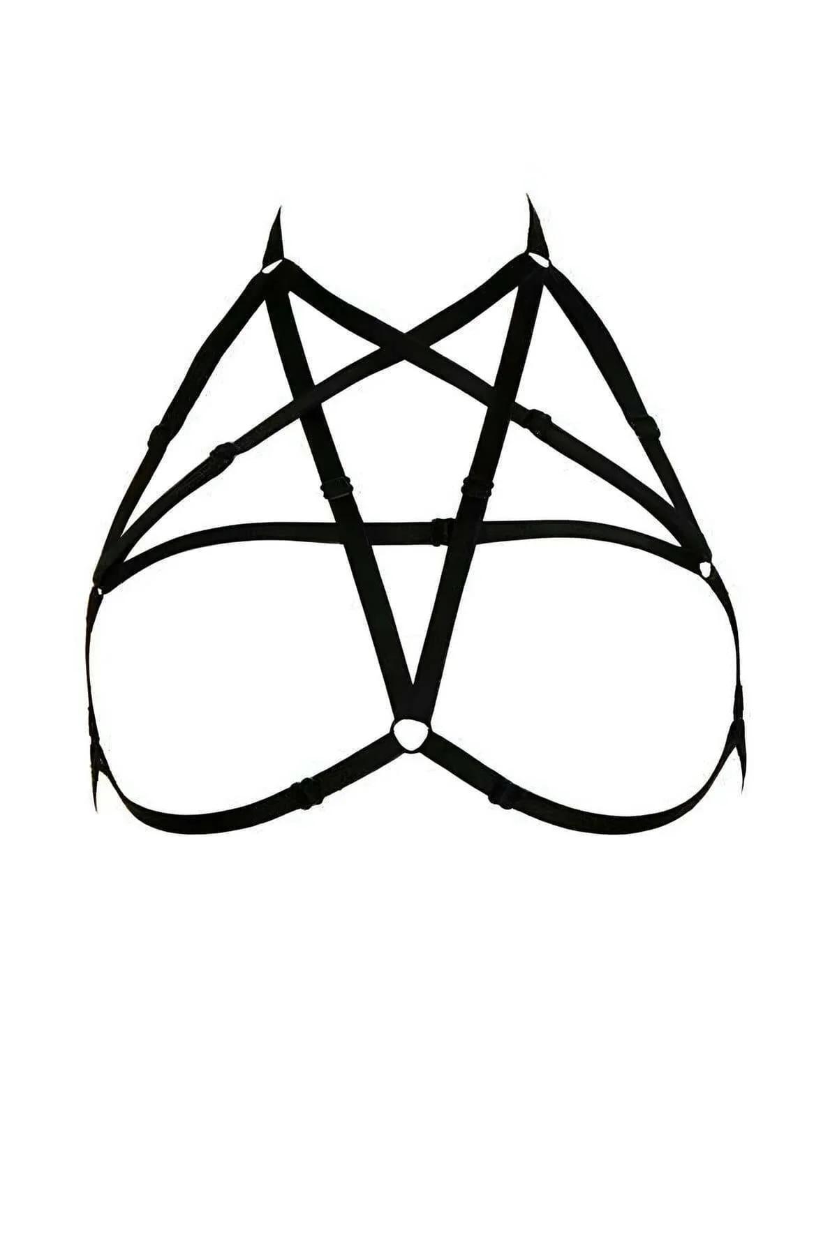 Black elastic pentagram chest harness with silver O-ring center and slide-adjust buckles, flat lay on white background